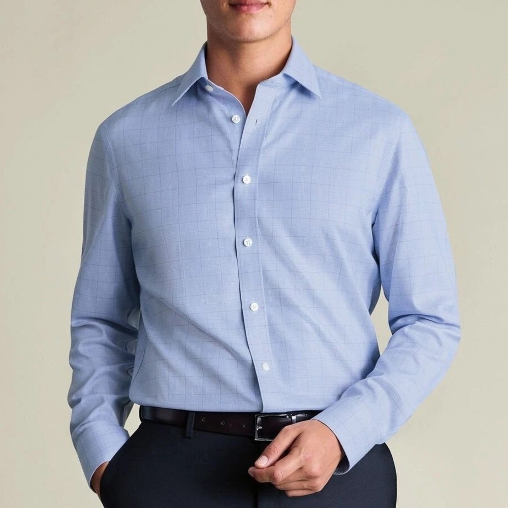 NWOT Charles Tyrwhitt Men's 16.5 Blue Cotton Plaid Slim Fit Dress Shirt